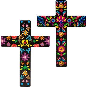 qcwn 2 حزمة بيزلي الزهور الصليب ديكور الجدار، المكسيكي جدار الفن ديكور لتزيين غرفة المنزل الكنيسة، المكسيكي الاسباني نمط الصليب الخشب الصليب الجدار، الفن المكسيكي الصليب للجدار.8.7 × 11.8 بوصة in Kuwait