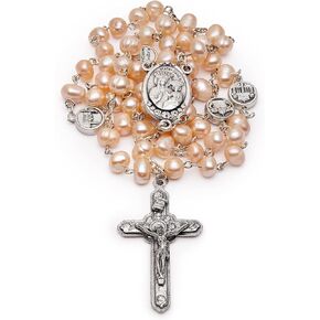 Mondo Cattolico Blessed Our Lady of Good Health Five Decades Rosary in Irregular Pink Freshwater Pearls Beads, Zamak Our Father beads with Major Roman Basilicas. in Kuwait