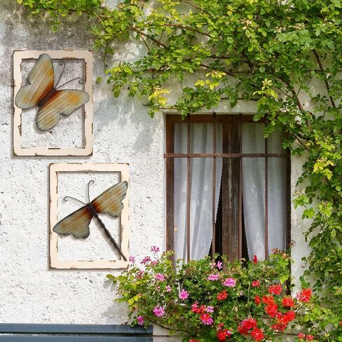 Menkxi 2 Pieces Wood and Metal Wall Decor Rustic Wall Art Butterfly Dragonfly Wall Decor with Frame Farmhouse Wall Decor for Outdoor Kitchen Bathroom Bedroom Living Room Garden Office in Saudi Arabia