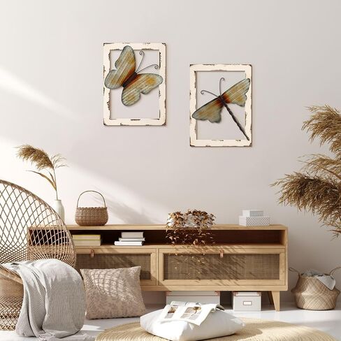 Menkxi 2 Pieces Wood and Metal Wall Decor Rustic Wall Art Butterfly Dragonfly Wall Decor with Frame Farmhouse Wall Decor for Outdoor Kitchen Bathroom Bedroom Living Room Garden Office in Saudi Arabia