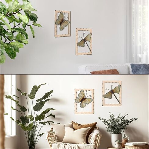 Menkxi 2 Pieces Wood and Metal Wall Decor Rustic Wall Art Butterfly Dragonfly Wall Decor with Frame Farmhouse Wall Decor for Outdoor Kitchen Bathroom Bedroom Living Room Garden Office in Saudi Arabia