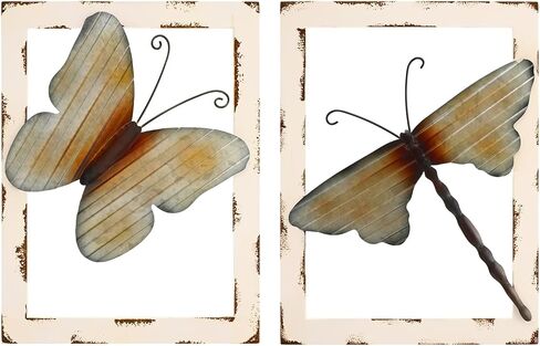 Menkxi 2 Pieces Wood and Metal Wall Decor Rustic Wall Art Butterfly Dragonfly Wall Decor with Frame Farmhouse Wall Decor for Outdoor Kitchen Bathroom Bedroom Living Room Garden Office in Saudi Arabia