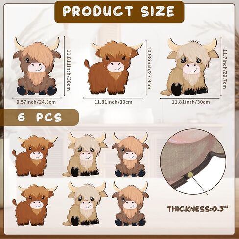 Therwen 6 Pcs Highland Cow Wall Decorations Cute Highland Cow Wooden Signs Lovely Scottish Cattle Wall Decor for Boy Girl Bedroom Neutral Style Rustic Farmhouse in Saudi Arabia