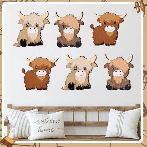 Therwen 6 Pcs Highland Cow Wall Decorations Cute Highland Cow Wooden Signs Lovely Scottish Cattle Wall Decor for Boy Girl Bedroom Neutral Style Rustic Farmhouse in Saudi Arabia