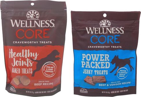 مكافآت الكلاب الخالية من الحبوب من Wellness CORE - 2 حزمة متنوعة من النكهات: (1) كل منها: مفاصل صحية من لحم البقر المطاطي المخبوز، ولحم البقر المعبأ بالطاقة من لحم الغزال المطاطي المتشنج (4-8 أونصات) in Kuwait