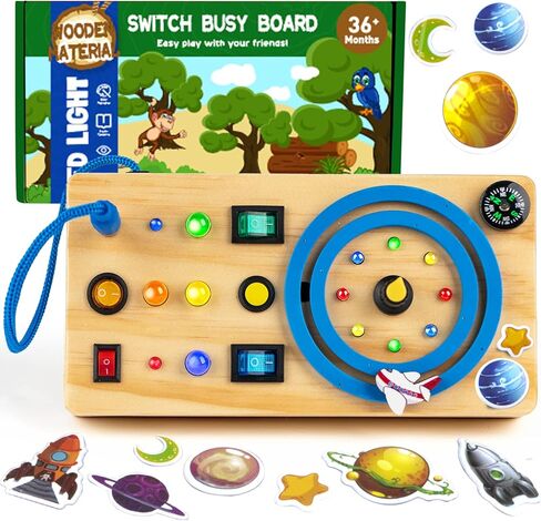 Biulotter Montessori Busy Board for Toddlers, Wooden Sensory Toys for Toddlers,Busy Board with LED Light,Travel Toys for Educational Toddler Activities,Boys & Girls Educational Learning Fidget Toy in Kuwait
