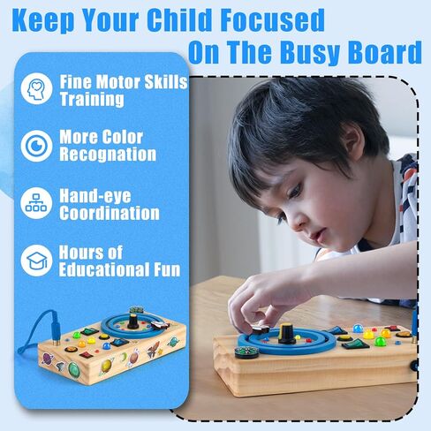 Biulotter Montessori Busy Board for Toddlers, Wooden Sensory Toys for Toddlers,Busy Board with LED Light,Travel Toys for Educational Toddler Activities,Boys & Girls Educational Learning Fidget Toy in Kuwait
