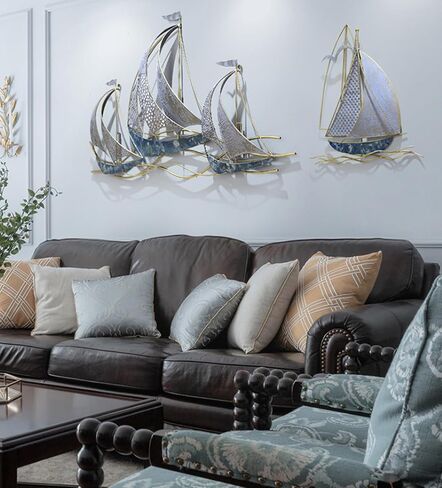 AUQMTAIN 3D Metal Sailboat Wall Decor, Nautical Ship Wall Sculptures, Handmade Boat Hanging Ornament Home Decoration (Sailboat-B) in Saudi Arabia
