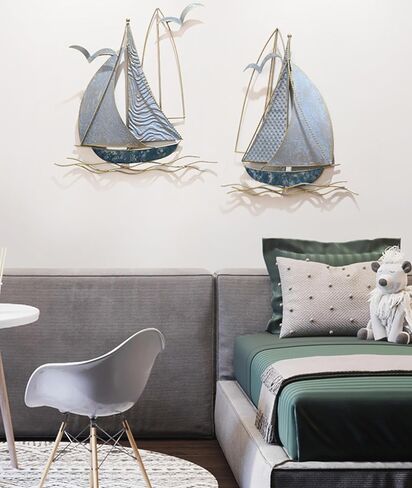 AUQMTAIN 3D Metal Sailboat Wall Decor, Nautical Ship Wall Sculptures, Handmade Boat Hanging Ornament Home Decoration (Sailboat-B) in Saudi Arabia