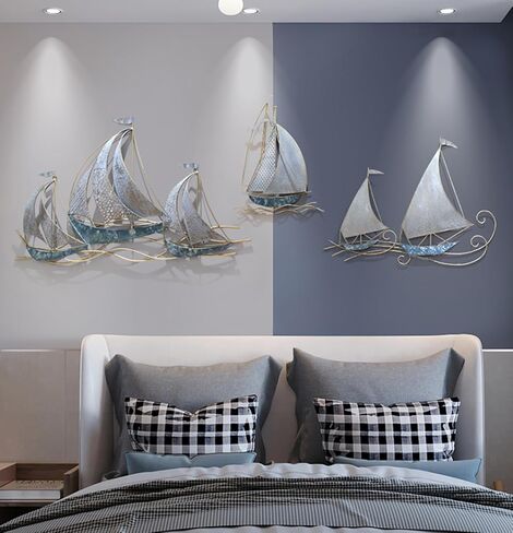 AUQMTAIN 3D Metal Sailboat Wall Decor, Nautical Ship Wall Sculptures, Handmade Boat Hanging Ornament Home Decoration (Sailboat-B) in Saudi Arabia