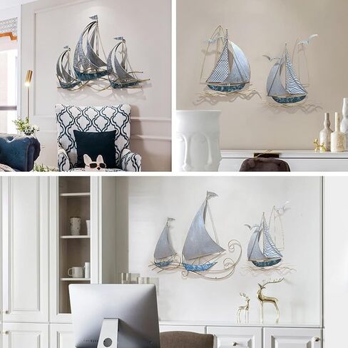 AUQMTAIN 3D Metal Sailboat Wall Decor, Nautical Ship Wall Sculptures, Handmade Boat Hanging Ornament Home Decoration (Sailboat-B) in Saudi Arabia