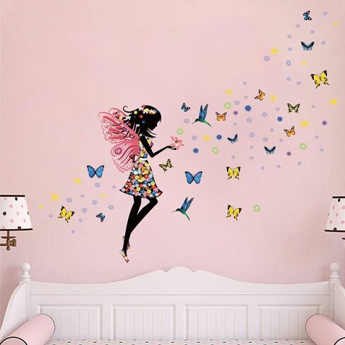 Supzone Butterfly Girl Wall Stickers Flowers Fairy Wall Decal Removable Vinyl Wall Art Stickers for Girls Baby Nursery Kids Bedroom Living Room Bathroom Wall Decor Mural… in Kuwait