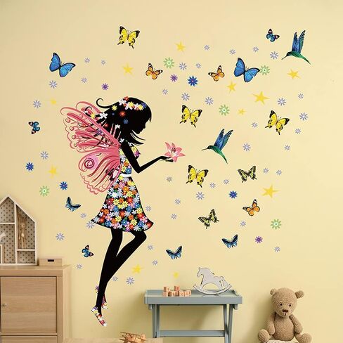 Supzone Butterfly Girl Wall Stickers Flowers Fairy Wall Decal Removable Vinyl Wall Art Stickers for Girls Baby Nursery Kids Bedroom Living Room Bathroom Wall Decor Mural… in Kuwait