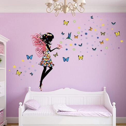 Supzone Butterfly Girl Wall Stickers Flowers Fairy Wall Decal Removable Vinyl Wall Art Stickers for Girls Baby Nursery Kids Bedroom Living Room Bathroom Wall Decor Mural… in Kuwait
