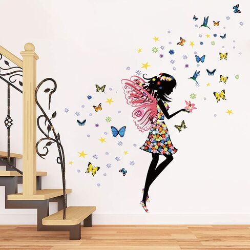 Supzone Butterfly Girl Wall Stickers Flowers Fairy Wall Decal Removable Vinyl Wall Art Stickers for Girls Baby Nursery Kids Bedroom Living Room Bathroom Wall Decor Mural… in Kuwait