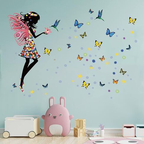Supzone Butterfly Girl Wall Stickers Flowers Fairy Wall Decal Removable Vinyl Wall Art Stickers for Girls Baby Nursery Kids Bedroom Living Room Bathroom Wall Decor Mural… in Kuwait