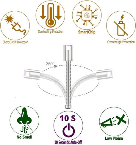 Elite Brands USA قوس كهربائي طويل مرن الرقبة USB قابلة لإعادة الشحن ولاعة عديمة اللهب مقاومة للرياح، مثالية لشموع الموقد وشوايات المطبخ وموقد فوانيس الشواء، ولاعة شعاع بلازما طويلة (أزرق) in Kuwait