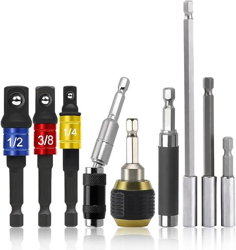 Kigauru 9 قطع مثقاب حامل تمديد مجموعة CR-V 1/4 بوصة عرافة عرقوب تشاك محول المغناطيسي مثقاب حامل التمحور مفك الإصدار مع تأثير محول المقبس أداة لزاوية مساحة ضيقة in Kuwait