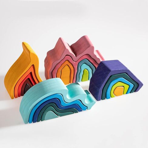 MERRYHEART Wooden Rainbow Stacking Toy, Water Wave Elements Wooden Stacker, Various Shapes Nesting Stacking Blocks, Waldorf & Montessori Open-Ended Education Toy for Kids/Toddlers in Saudi Arabia