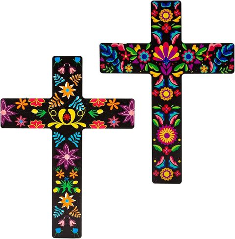 qcwn 2 حزمة بيزلي الزهور الصليب ديكور الجدار، المكسيكي جدار الفن ديكور لتزيين غرفة المنزل الكنيسة، المكسيكي الاسباني نمط الصليب الخشب الصليب الجدار، الفن المكسيكي الصليب للجدار.8.7 × 11.8 بوصة in Kuwait