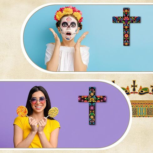 qcwn 2 حزمة بيزلي الزهور الصليب ديكور الجدار، المكسيكي جدار الفن ديكور لتزيين غرفة المنزل الكنيسة، المكسيكي الاسباني نمط الصليب الخشب الصليب الجدار، الفن المكسيكي الصليب للجدار.8.7 × 11.8 بوصة in Kuwait