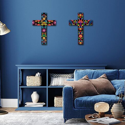 qcwn 2 حزمة بيزلي الزهور الصليب ديكور الجدار، المكسيكي جدار الفن ديكور لتزيين غرفة المنزل الكنيسة، المكسيكي الاسباني نمط الصليب الخشب الصليب الجدار، الفن المكسيكي الصليب للجدار.8.7 × 11.8 بوصة in Kuwait