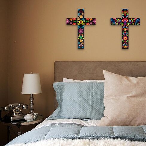 qcwn 2 حزمة بيزلي الزهور الصليب ديكور الجدار، المكسيكي جدار الفن ديكور لتزيين غرفة المنزل الكنيسة، المكسيكي الاسباني نمط الصليب الخشب الصليب الجدار، الفن المكسيكي الصليب للجدار.8.7 × 11.8 بوصة in Kuwait