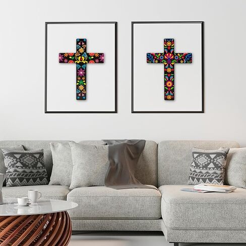 qcwn 2 حزمة بيزلي الزهور الصليب ديكور الجدار، المكسيكي جدار الفن ديكور لتزيين غرفة المنزل الكنيسة، المكسيكي الاسباني نمط الصليب الخشب الصليب الجدار، الفن المكسيكي الصليب للجدار.8.7 × 11.8 بوصة in Kuwait
