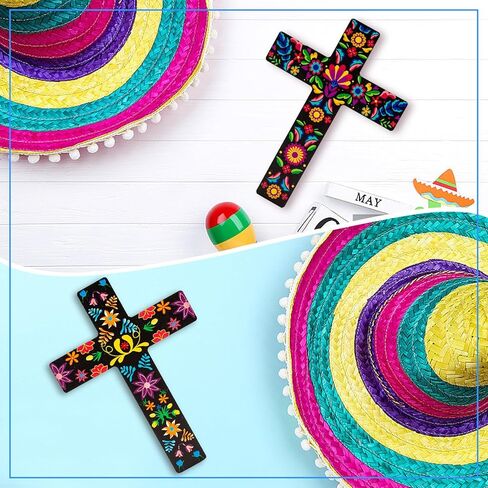 qcwn 2 حزمة بيزلي الزهور الصليب ديكور الجدار، المكسيكي جدار الفن ديكور لتزيين غرفة المنزل الكنيسة، المكسيكي الاسباني نمط الصليب الخشب الصليب الجدار، الفن المكسيكي الصليب للجدار.8.7 × 11.8 بوصة in Kuwait