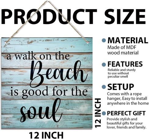 لافتة معلقة للشاطئ الصيفي، المشي على الشاطئ جيد للروح، لافتات خشبية خارجية للتعليق على الحائط لديكور منزل الشاطئ الساحلي، هدايا لمحبي الشاطئ، 11.8 × 11.8 بوصة (DL473) in Kuwait