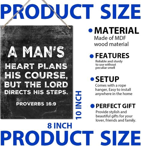 أمثال الكتاب المقدس 16:9 قلب الرجل يخطط له علامة الدورة التدريبية من الخشب المسيحي علامات لوحة معلقة للمنزل والمكتب الكنيسة رجل الكهف ديكور، هدايا مسيحية للرجال الإيمان 7.9 × 10.3 بوصة (J668) in Kuwait