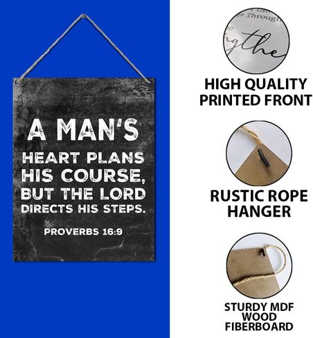 أمثال الكتاب المقدس 16:9 قلب الرجل يخطط له علامة الدورة التدريبية من الخشب المسيحي علامات لوحة معلقة للمنزل والمكتب الكنيسة رجل الكهف ديكور، هدايا مسيحية للرجال الإيمان 7.9 × 10.3 بوصة (J668) in Kuwait