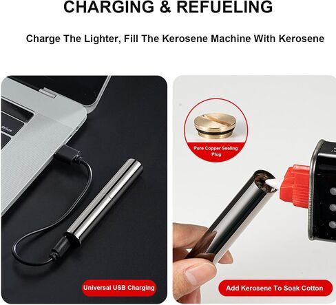 YODOOLTLY 2 في 1 ولاعة شعلة كلاسيكية الكيروسين ولاعات USB قابلة لإعادة الشحن، أداة تدخين أسطوانية صغيرة مقاومة للرياح للرجال مجموعة هدية (أسود) in Kuwait