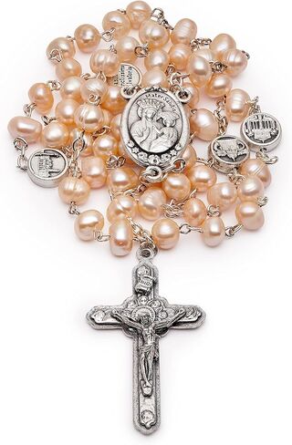 Mondo Cattolico Blessed Our Lady of Good Health Five Decades Rosary in Irregular Pink Freshwater Pearls Beads, Zamak Our Father beads with Major Roman Basilicas. in Kuwait