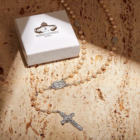 Mondo Cattolico Blessed Our Lady of Good Health Five Decades Rosary in Irregular Pink Freshwater Pearls Beads, Zamak Our Father beads with Major Roman Basilicas. in Kuwait