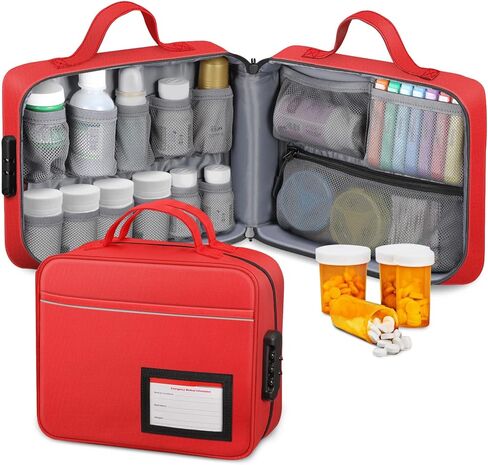 منظم زجاجات حبوب الدواء قابل للقفل من سيثون، حقيبة تخزين الأدوية، مدير حقيبة السفر مع قفل، مقبض، جيوب ثابتة للأدوية والفيتامينات والمستلزمات الطبية (أحمر) in Kuwait