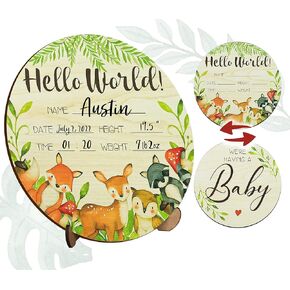 Wooden Baby Birth Announcement Sign for Hospital and Pregnancy Announcements, 6.5" Reversible Woodland Newborn Welcome Baby Sign