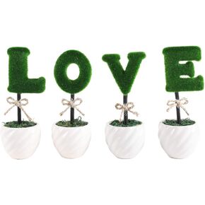 Liry Products Love Letters Decoration White Ceramic Pots Artificial Plants Topiary Set of 4 Faux Bush Planters Tabletop Hedge Sculptures Valentine’s Day Wedding Party Home Office Garden Rustic Modern in Kuwait