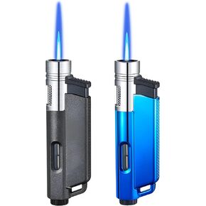 Torch Lighter, 2 Pack Jet Flame Butane Lighter, Adjustable Flame Windproof Lighter with Visible Fuel, Cool Lighters Refillable Butane for Candle Camping,Indoor,Outdoor(Without Butane)-Purple+Blue