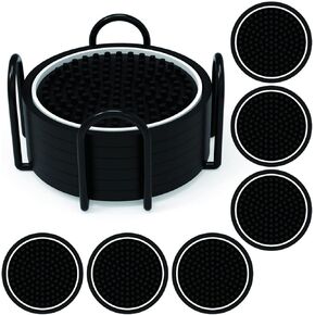 بارسيكس مجموعة قواعد اكواب المشروبات، 3.75 انش، قواعد اكواب سوداء غير قابلة للانزلاق من بلاستيك PVC مع حامل سلك معدني، تصميم متين وانيق للمطبخ والمنزل والبار وطاولة المطاعم (عبوة من 6 قطع) in Kuwait