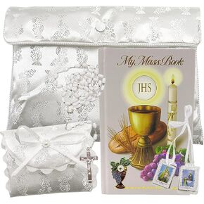 Light of Christ First Communion Satin Purse Set for Girls, Includes Mass Prayer Book, Rosary and Pouch, Scapular, and Lapel Pin, Gifts and Keepsakes for Young Women, Communicant Starter Pack, 6 Pieces in Saudi Arabia