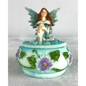 صندوق حلية على شكل جنية من Ain't It Nice مع ديكورات زهور، تمثال خيالي خيالي قابل للتجميع، أزرق، 2.5 (طول) 2.5 (عرض) 3 (ارتفاع) بوصة in Kuwait