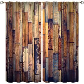 Vintage Style Kitchen Curtains,Rustic Country Farmhouse Barn Door Grey Blue Wood Planks Texture Print Rod Pocket Window Drapes for Living Room Bedroom,2 Panel Set W72xL63in in Kuwait