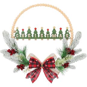 CHDITB 17 بوصة اصطناعية عيد الميلاد الخشب حبة إكليل، خشبية شجرة عيد الميلاد علامة الباب مع الأحمر منقوشة القوس التوت الصنوبر الإبر ورقة هولي، ريفي إكليل عيد الميلاد للباب الأمامي نافذة الشرفة حفلة الشتاء in Kuwait