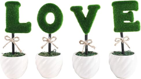 Liry Products Love Letters Decoration White Ceramic Pots Artificial Plants Topiary Set of 4 Faux Bush Planters Tabletop Hedge Sculptures Valentine’s Day Wedding Party Home Office Garden Rustic Modern in Kuwait