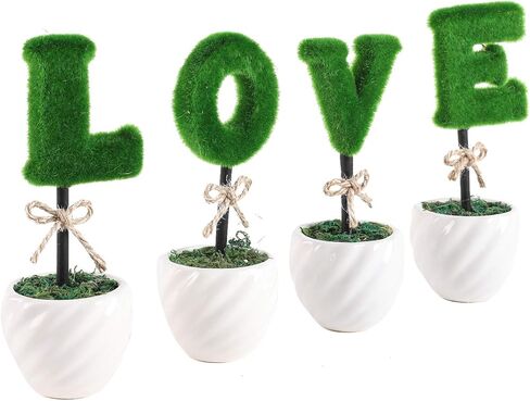 Liry Products Love Letters Decoration White Ceramic Pots Artificial Plants Topiary Set of 4 Faux Bush Planters Tabletop Hedge Sculptures Valentine’s Day Wedding Party Home Office Garden Rustic Modern in Kuwait