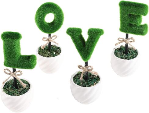 Liry Products Love Letters Decoration White Ceramic Pots Artificial Plants Topiary Set of 4 Faux Bush Planters Tabletop Hedge Sculptures Valentine’s Day Wedding Party Home Office Garden Rustic Modern in Kuwait