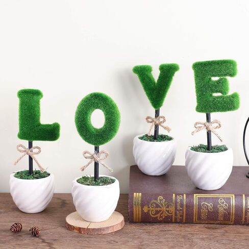 Liry Products Love Letters Decoration White Ceramic Pots Artificial Plants Topiary Set of 4 Faux Bush Planters Tabletop Hedge Sculptures Valentine’s Day Wedding Party Home Office Garden Rustic Modern in Kuwait