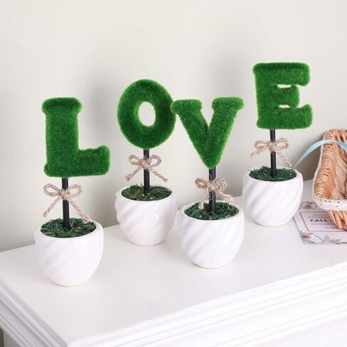 Liry Products Love Letters Decoration White Ceramic Pots Artificial Plants Topiary Set of 4 Faux Bush Planters Tabletop Hedge Sculptures Valentine’s Day Wedding Party Home Office Garden Rustic Modern in Kuwait