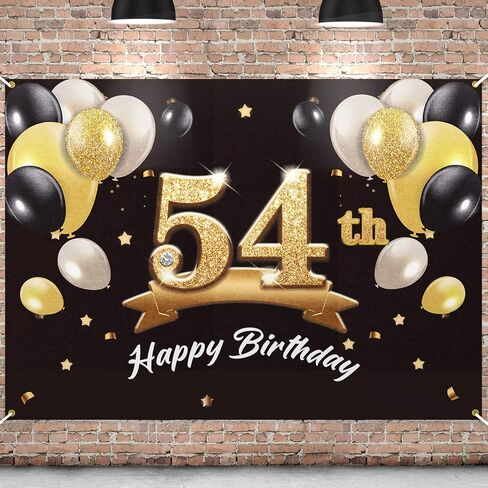 PAKBOOM Happy 54th Birthday Banner Backdrop - 54 Birthday Party Decorations Supplies for Men - Black Gold 4 x 6ft in Saudi Arabia